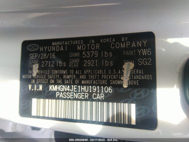 Aukcja sprzedaży 2017 Genesis G80 3.8l, vin: KMHGN4JE1HU191106, numer aukcji: 35920849