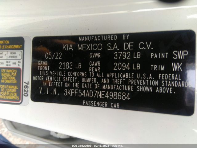 3KPF54AD7NE498684 KIA Forte Gt-line