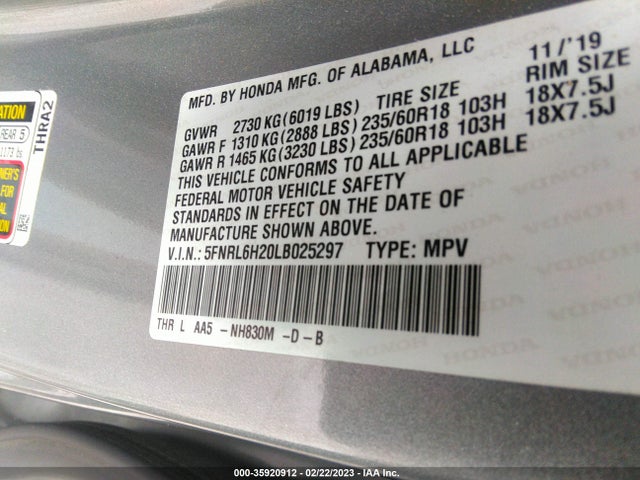 2020 Honda Odyssey, VIN: 5FNRL6H20LB025297