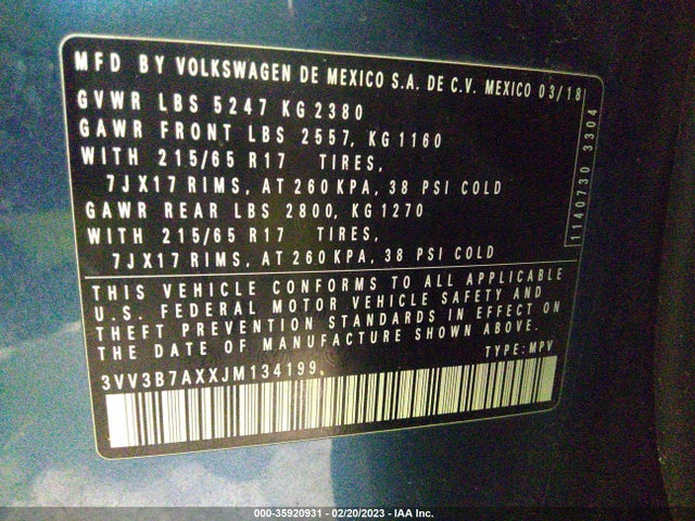 3VV3B7AXXJM134199 Volkswagen Tiguan Sel/se