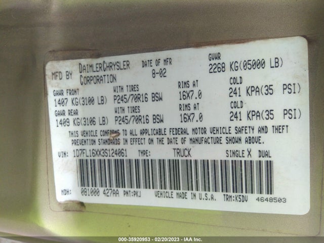 Dodge Dakota Base 2003 1D7FL16XX3S124061 Image 10