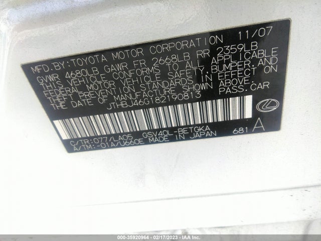 Lexus ES 350 2008 JTHBJ46G182190813 Image 11