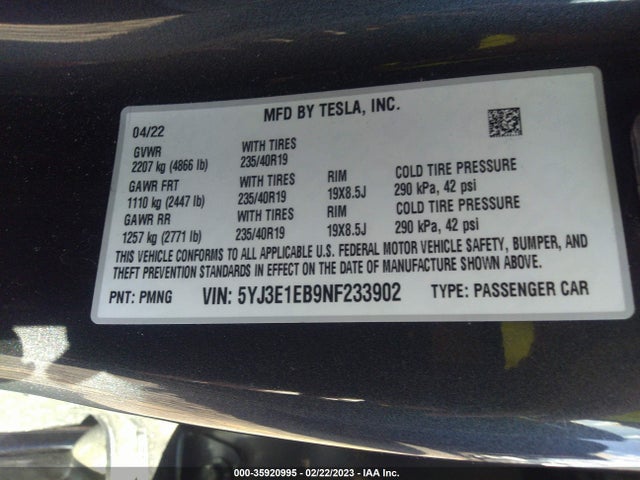 Tesla Model 3 Long Range 2022 5YJ3E1EB9NF233902 Image 10