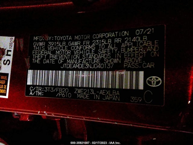 Toyota Corolla Hybrid Le 2022 JTDEAMDE3NJ040137 Image 10
