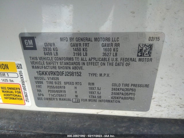 GMC ACADIA SLT 2015 1GKKVRKD0FJ298152 Image 9