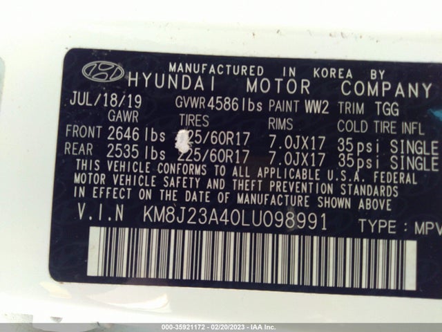 2020 HYUNDAI TUCSON SE VIN: KM8J23A40LU098991