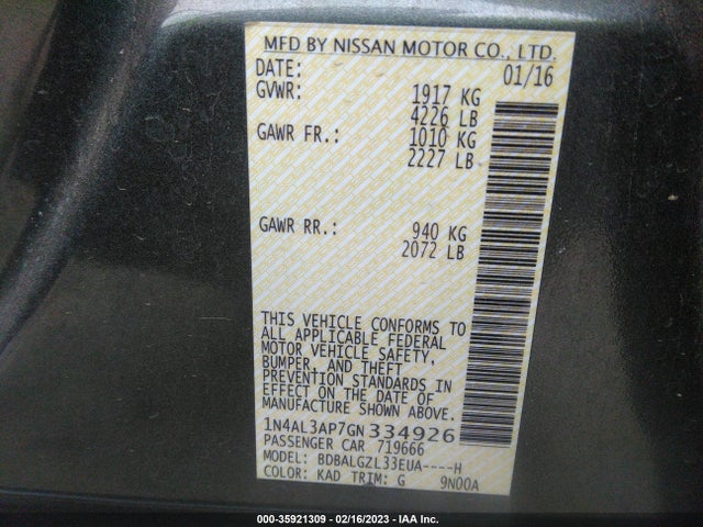 2016 NISSAN ALTIMA 2.5 S VIN: 1N4AL3AP7GN334926