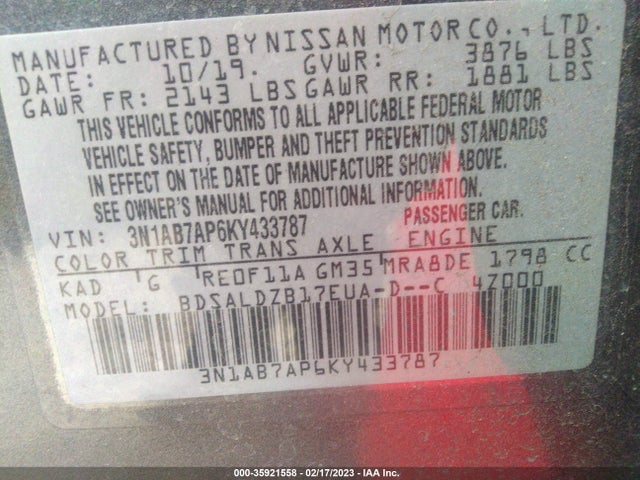 2019 NISSAN SENTRA SV VIN: 3N1AB7AP6KY433787