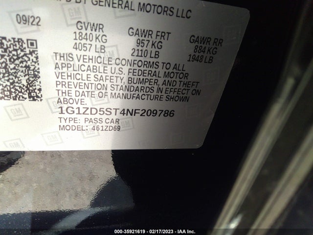 2022 CHEVROLET MALIBU LT VIN: 1G1ZD5ST4NF209786