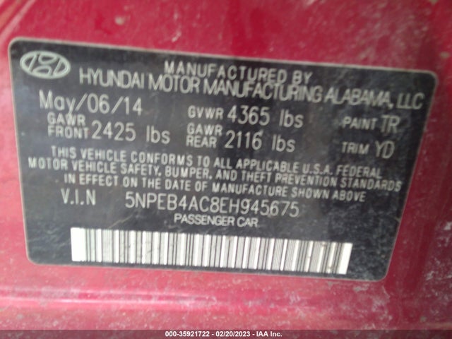 2014 HYUNDAI SONATA GLS VIN: 5NPEB4AC8EH945675