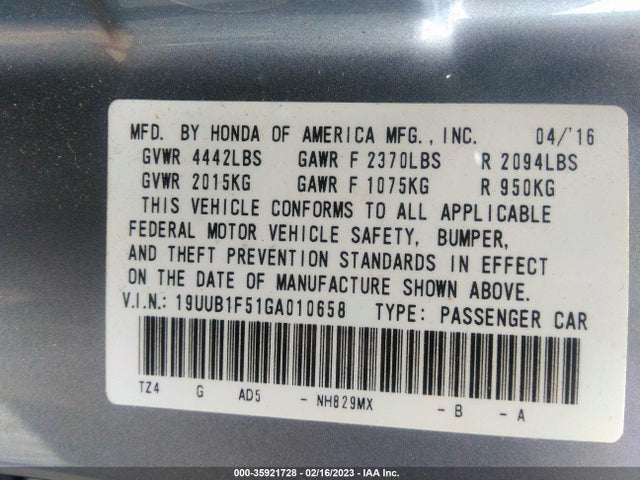 2016 ACURA TLX TECH VIN: 19UUB1F51GA010658