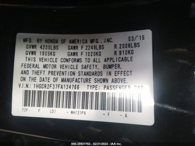 Honda Accord Sedan Lx 2015 1HGCR2F37FA134766 Image 9