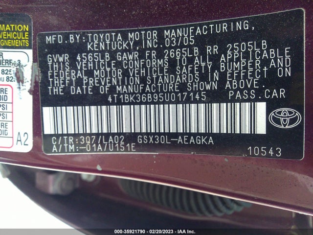 2005 TOYOTA AVALON XL/TOURING/XLS/LIMITED VIN: 4T1BK36B95U017145