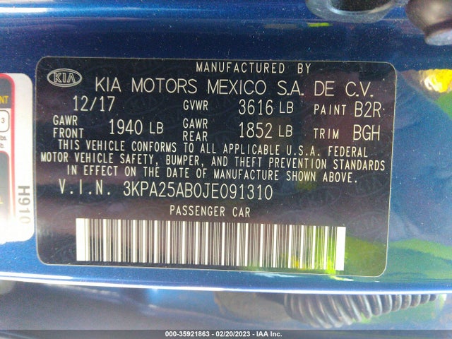 2018 Kia Rio, VIN: 3KPA25AB0JE091310