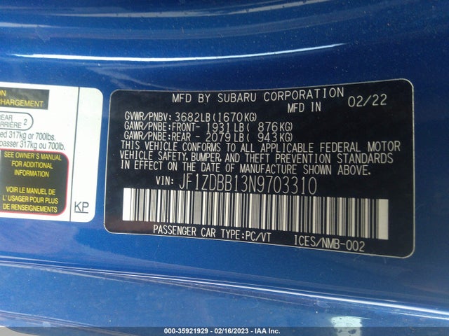 2022 Subaru BRZ, VIN: JF1ZDBB13N9703310