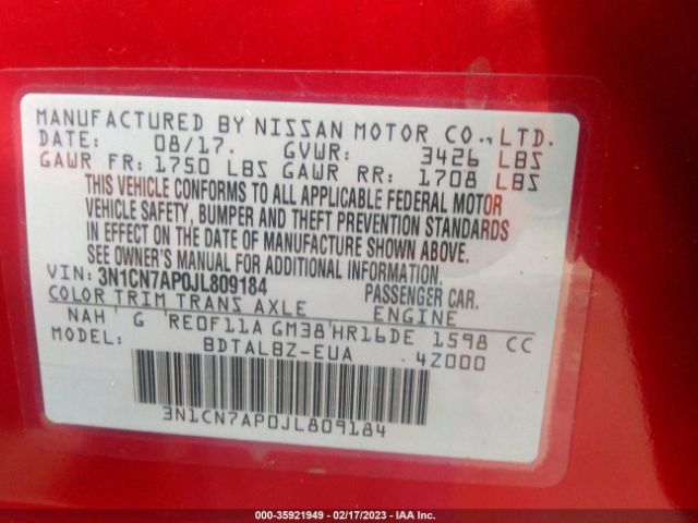 3N1CN7AP0JL809184 Nissan Versa Sedan Sv