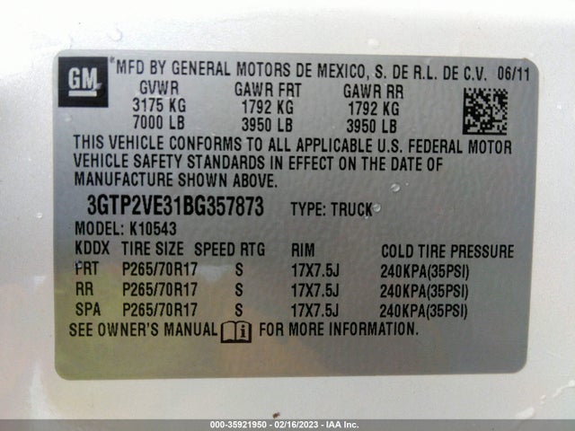 2011 GMC SIERRA 1500 SLE VIN: 3GTP2VE31BG357873