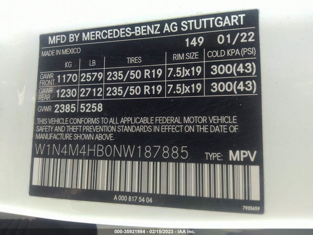 2022 Mercedes-Benz GLB-Class, VIN: W1N4M4HB0NW187885