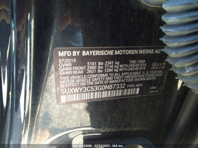 2016 BMW X3, VIN: 5UXWY3C53G0N87332