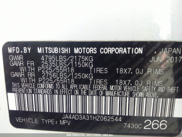 JA4AD3A31HZ062544 Mitsubishi Outlander Se/sel