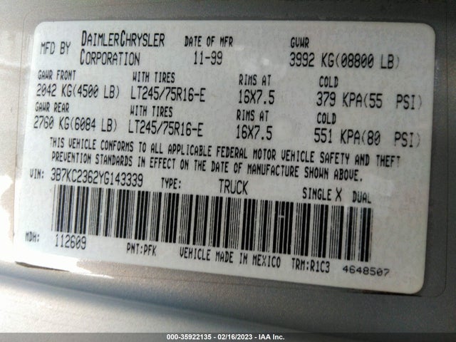 Dodge RAM 2500 2000 3B7KC2362YG143339 Image 10
