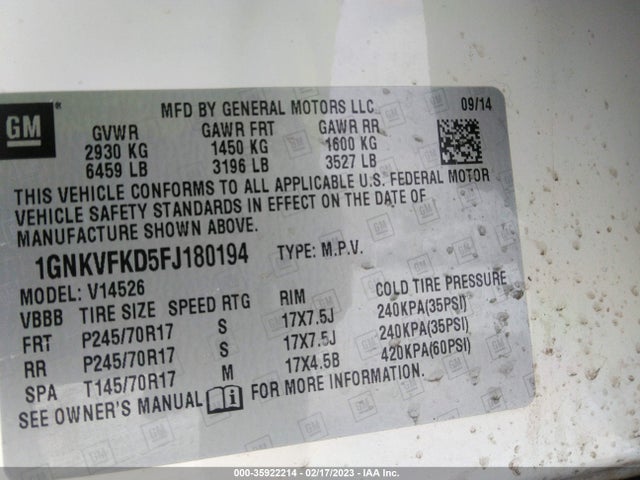2015 Chevrolet Traverse, VIN: 1GNKVFKD5FJ180194