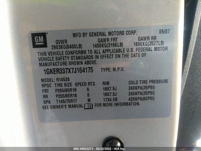 GMC ACADIA SLT 2007 1GKER337X7J164175 Image 10