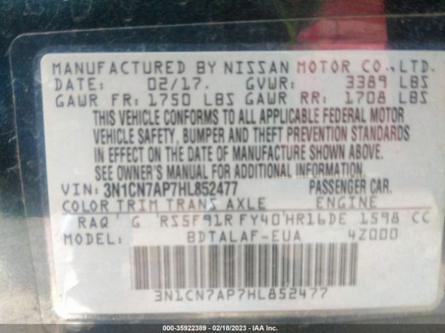 3N1CN7AP7HL852477 Nissan Versa Sedan S