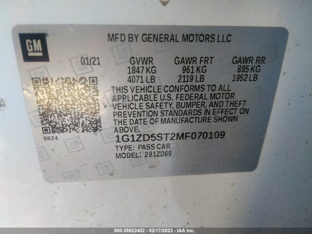 2021 CHEVROLET MALIBU LT VIN: 1G1ZD5ST2MF070109