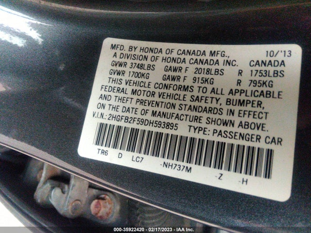 2013 HONDA CIVIC SDN LX VIN: 2HGFB2F59DH593895