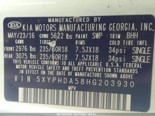 5XYPHDA58HG203930 KIA Sorento Ex V6