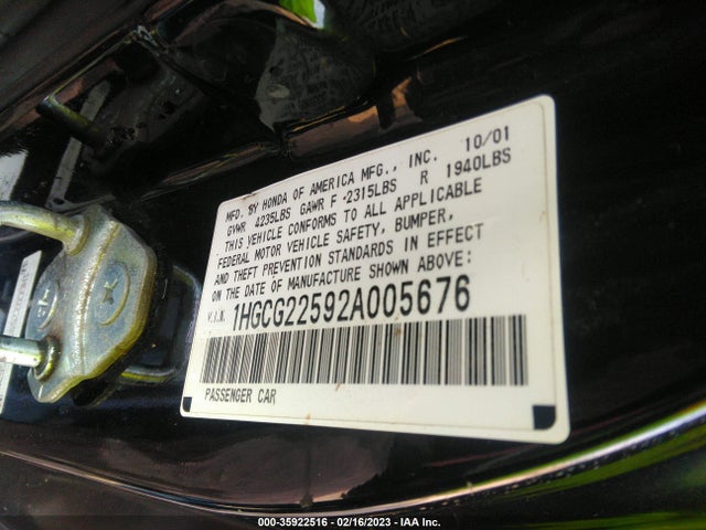 2002 HONDA ACCORD CPE EX W/LEATHER VIN: 1HGCG22592A005676