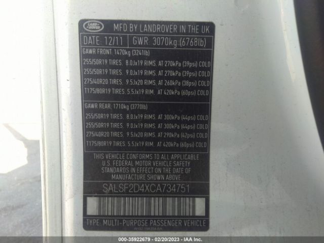 SALSF2D4XCA734751 Land Rover Range Rover Sport Hse