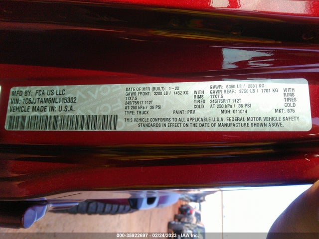 2022 Jeep Gladiator, VIN: 1C6JJTAM6NL115302