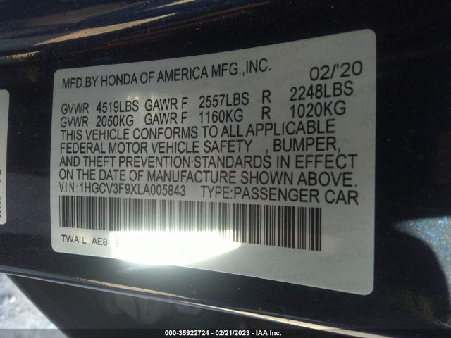 2020 Honda Accord, VIN: 1HGCV3F9XLA005843