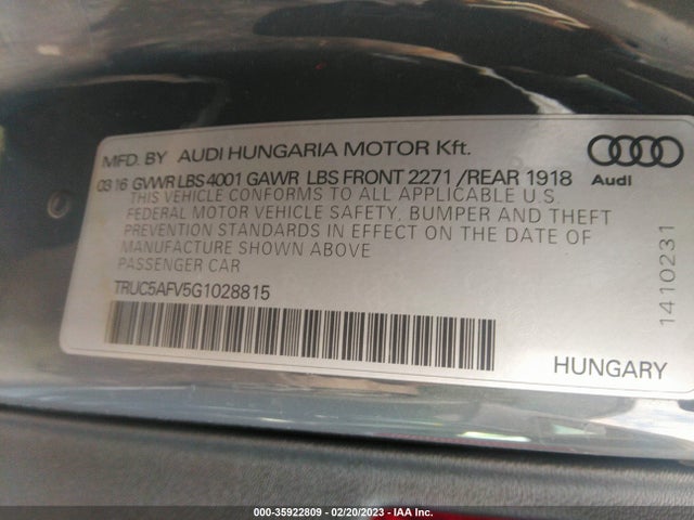 2016 Audi TT, VIN: TRUC5AFV5G1028815