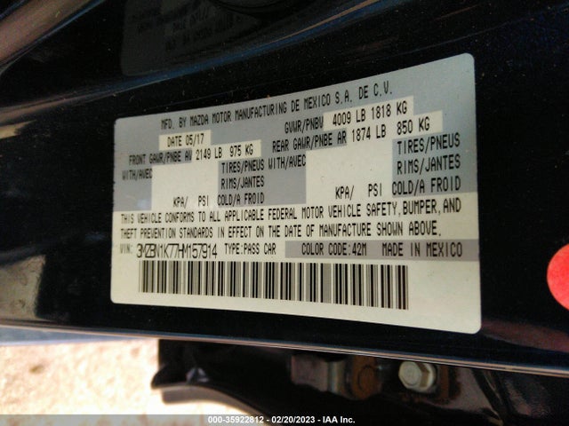 2017 MAZDA MAZDA3 5-DOOR SPORT VIN: 3MZBN1K77HM157914