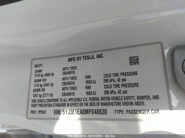 Tesla Model 3 Standard Range Plus 2021 5YJ3E1EA8MF048830 Image 9