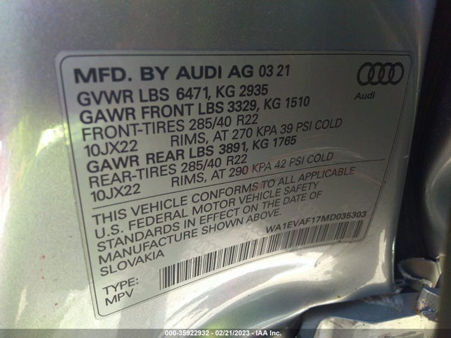 2021 Audi Q8, VIN: WA1EVAF17MD035303