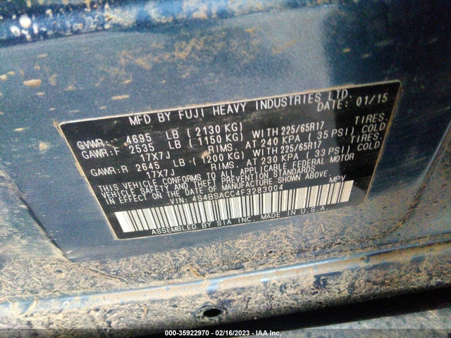 2015 SUBARU OUTBACK 2.5I PREMIUM VIN: 4S4BSACC4F3283004