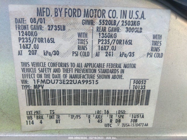 2002 FORD EXPLORER XLT VIN: 1FMDU73E22UA99515