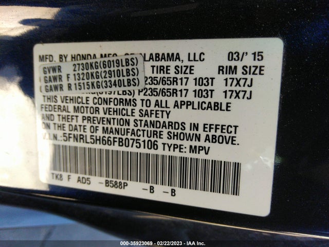 2015 HONDA ODYSSEY EX-L VIN: 5FNRL5H66FB075106
