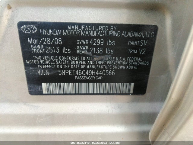 2009 HYUNDAI SONATA GLS VIN: 5NPET46C49H440566