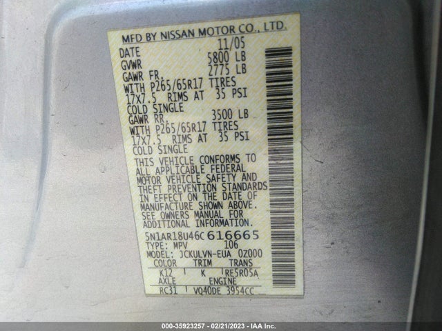 2006 NISSAN PATHFINDER LE VIN: 5N1AR18U46C616665