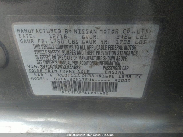 2019 Nissan Versa, VIN: 3N1CN7AP9KL841682