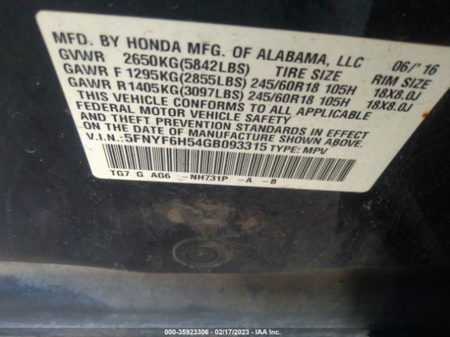 5FNYF6H54GB093315 Honda Pilot Ex-l