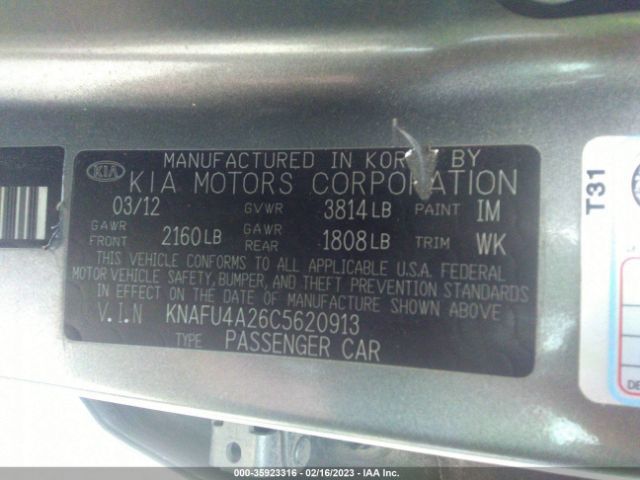 KNAFU4A26C5620913 KIA FORTE EX