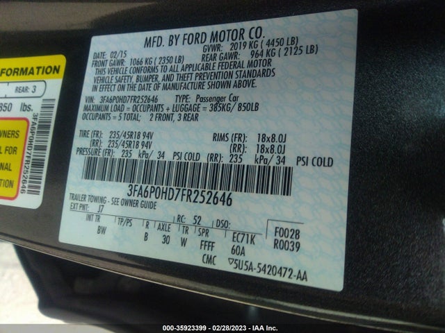 Ford FUSION SE 2015 3FA6P0HD7FR252646 Image 10