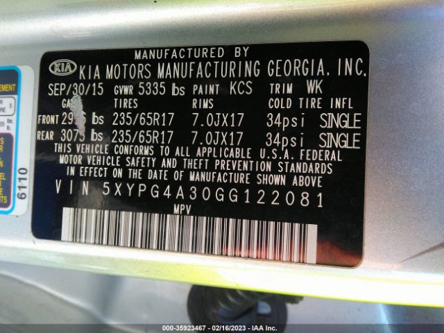 5XYPG4A30GG122081 KIA SORENTO LX