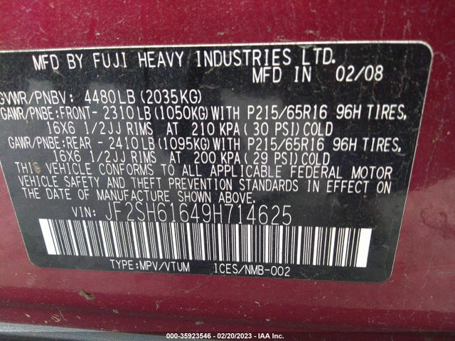 2009 SUBARU FORESTER X VIN: JF2SH61649H714625